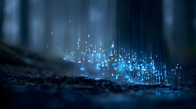 Magical bioluminescent glow worms illuminating a dark forest floor in a mystical natural setting.