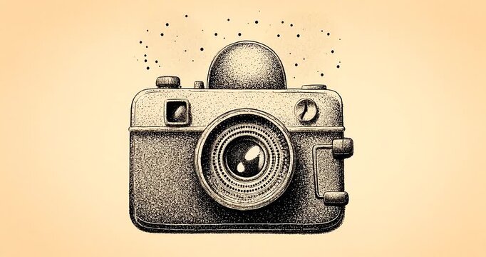 Vintage film camera illustration with textured dot shading and glowing lens nostalgic hand drawn style evoking creativity and analog photography vintage camera sketch retro photographic camera sepia