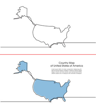 Continuous line drawing of the United States map. Map concept for Education, Travel between cities in the United States, infographics, Science, Web Presentations in a simple single line art style.