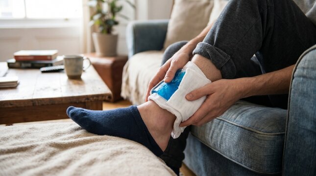 Person applying ice pack to injured ankle while resting on sofa at home