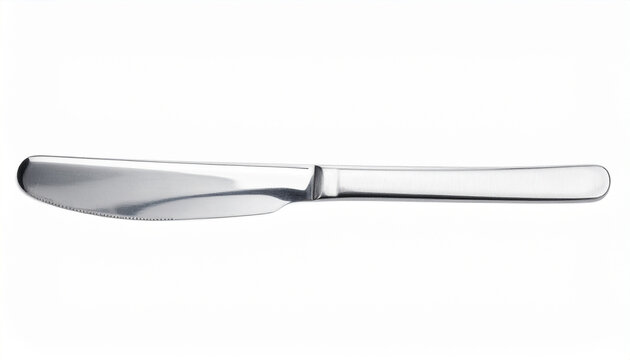 Serrated edge stainless steel dinner knife with long handle and polished finish