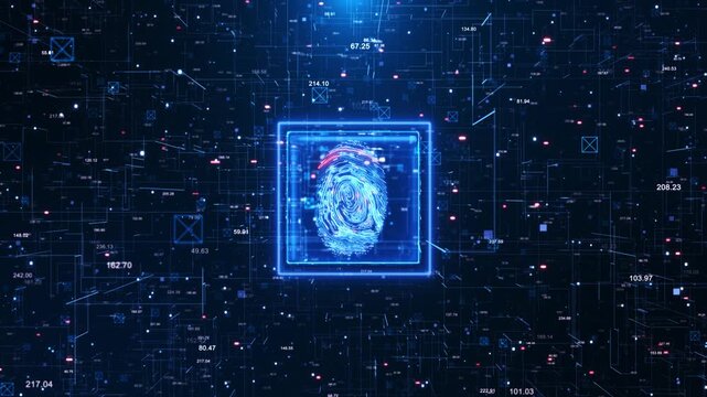 Futuristic digital fingerprint scan unique biometric identity, advanced security, data protection, authentication technology secure access cyber security, protection hacking, digital identities 3D