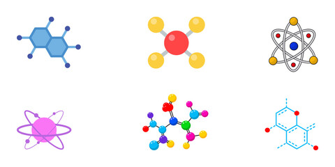 Fototapeta premium Collection of Science Icons Illustrating Chemical Structures and Atomic Models