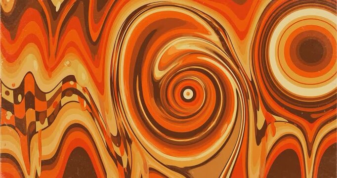 Swirling retro abstract pattern of marbled swirl waves and concentric circles in warm orange brown tones with flowing psychedelic energy and vintage textured motion