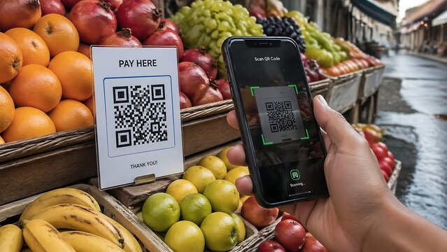 Customer scanning a QR code with a smartphone to pay at a vibrant street fruit market with fresh produce