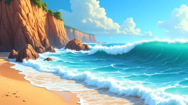 Massive turquoise ocean wave crashing onto a bright sandy beach under a sunny sky. Perfect for surfing promotions summer vacation banners and coastal lifestyle blogs. Detailed digital artwork.
