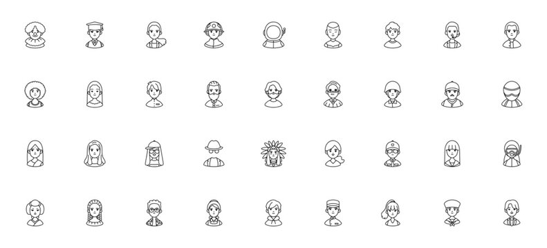 Occupation and People icon set. Minimalist vector illustrations. Includes clown, student, astronaut, robot, judge, soldier, racer, geisha, farmer and more. Editable stroke.