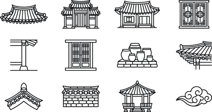 Korean traditional architectural elements decorative symbols line art icons.