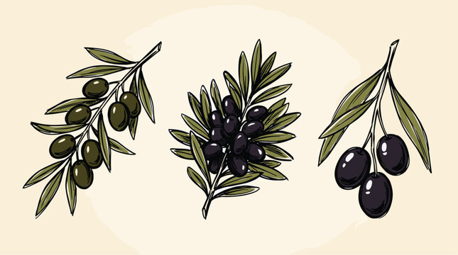 Mediterranean harvest fruit decorative elements set, hand drawn sketch, green olive branches, black olives, leaves, and food