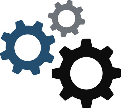 A flat illustration of interlocking gears with an industrial color theme featuring blue, grey, and black tones. This vector icon represents mechanical systems, engineering precision, and efficient ind