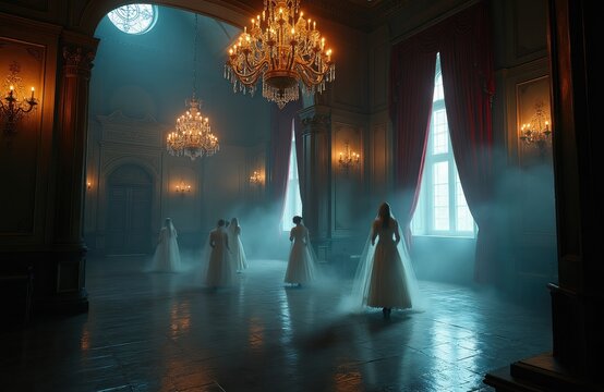 Elegant women in white dresses dance in a spooky gothic ballroom. Ghosts waltz under ornate chandeliers in an abandoned castle. Eerie mist fills the grand hall at night.