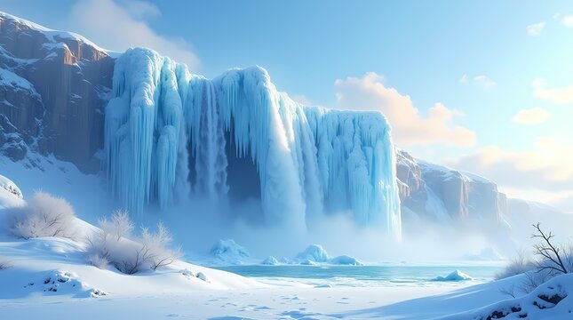 Magnificent frozen waterfall cascading down a snowy cliff face in freezing weather. Ideal for extreme cold concepts winter wonderland layouts and arctic polar documentaries. High resolution graphic.