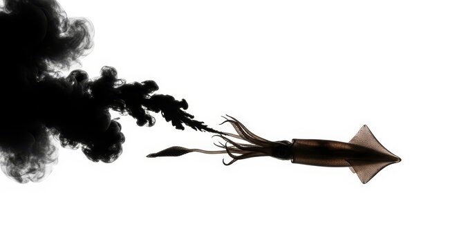 A squid releases a cloud of black ink while swimming in the ocean, a dynamic marine defense mechanism.
