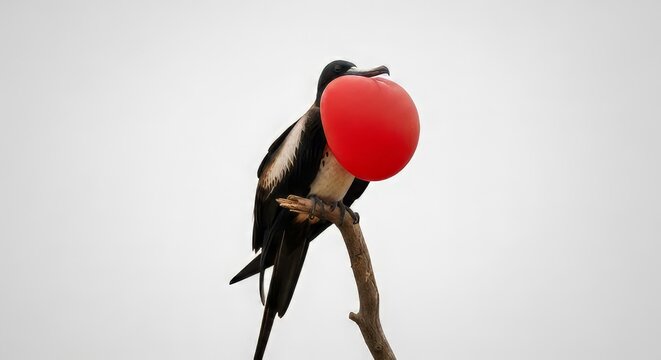 Male Frigatebird with Inflated Red Gular Sac Perched on a Branch Displaying for Courtship