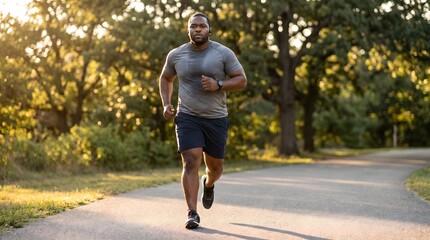 Obraz premium An athletic african american man jogs with determination on a paved park path during golden hour, captured in a full-body shot.