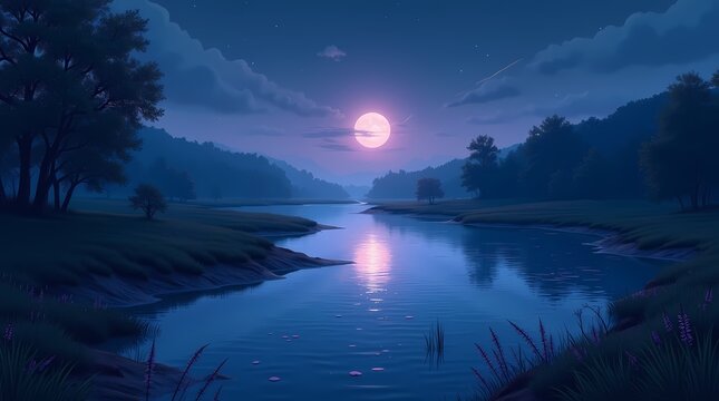 Peaceful night river reflecting a bright glowing moon surrounded by dark forest trees. Great for nocturnal nature articles calm meditation videos and peaceful wallpapers. High quality digital art.