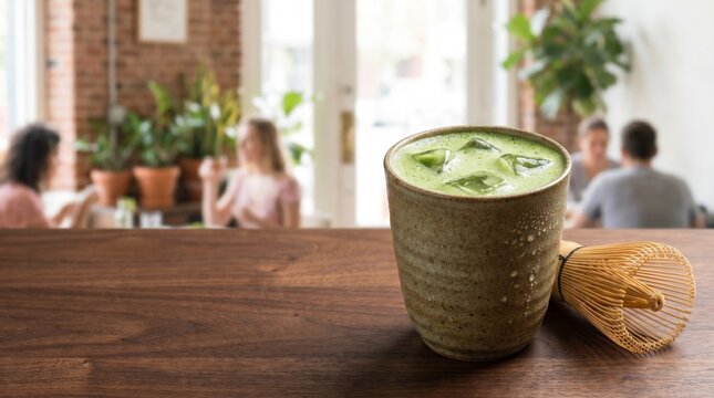 Coffee Tea Cocktail Beverage Us Uk Iced Matcha Latte with Oat Milk, Ice, Bamboo Whisk,