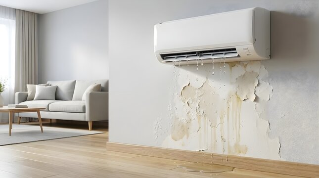 Broken air conditioner leaking water on the wall at home