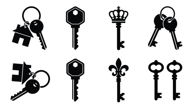 Security key icon collection in solid black style, featuring house access, vintage locks, ornate metal, and entry.