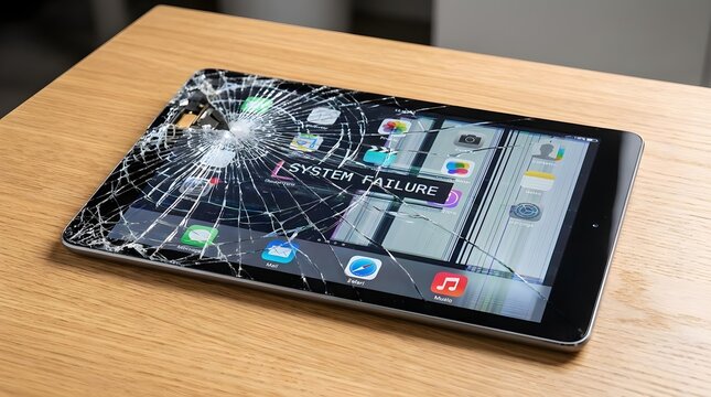 Broken tablet with a shattered screen and a system failure message