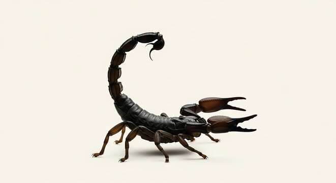 A detailed close-up of a dark, segmented scorpion with raised stinger and claws, isolated for design purposes