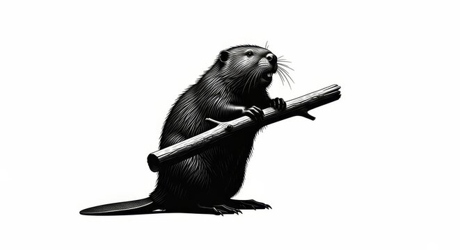 A realistic beaver holding a tree branch, isolated on a transparent background, showcasing its building capabilities