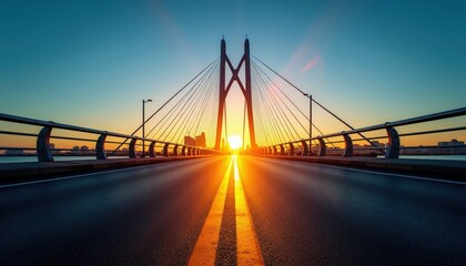 Fototapeta premium Cable-stayed bridge over water with city skyline at sunset. The sun sets behind tall buildings visible across the bay. Road leads toward horizon.