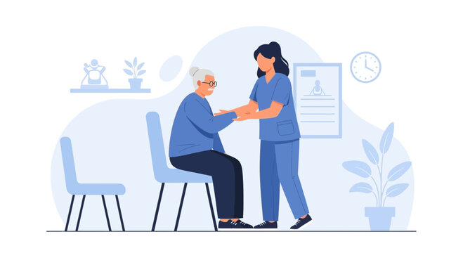 Nurse helping elderly woman sit down in a clinic waiting room