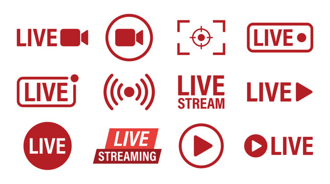 Social media broadcast icon collection in a flat red style, including streaming, multimedia, recording, and digital media.