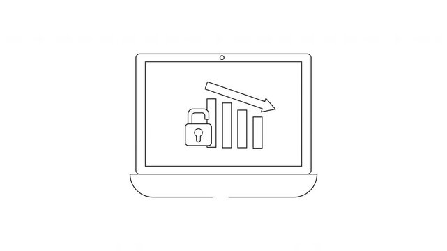 Laptop screen displays security breach and declining financial graph.