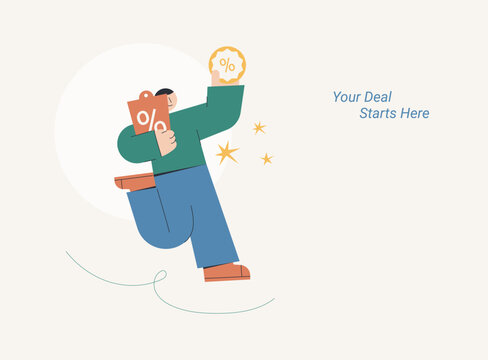 Flat design of a cheerful character holding a percent discount tag and golden coupon badge with sparkles, ideal for retail deals and shopping promotion campaigns.