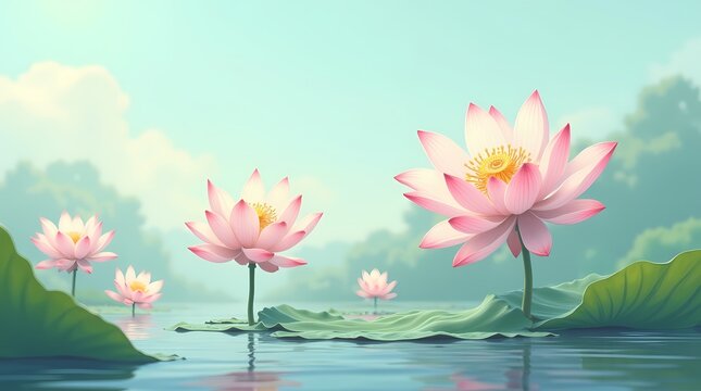 Delicate pink lotus flowers blooming in tranquil water under soft sunlight. Suitable for wellness branding spa backgrounds meditation content and print materials. Detailed illustration.