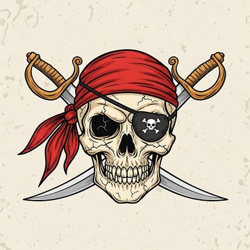 A pirate skull wearing a red bandana and eye patch with crossed swords behind it in a classic vintage tattoo style