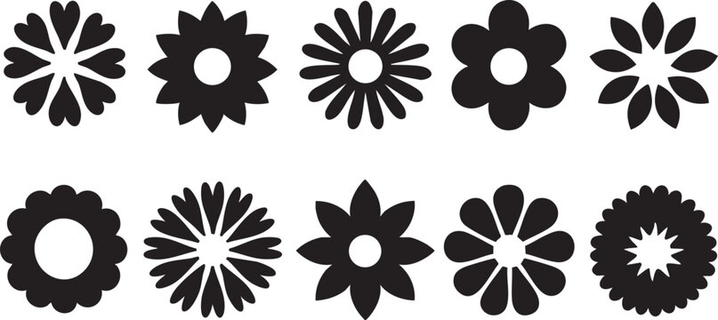 Collection of diverse black flower icons simple vector graphics for spring and nature themes isolated on white background