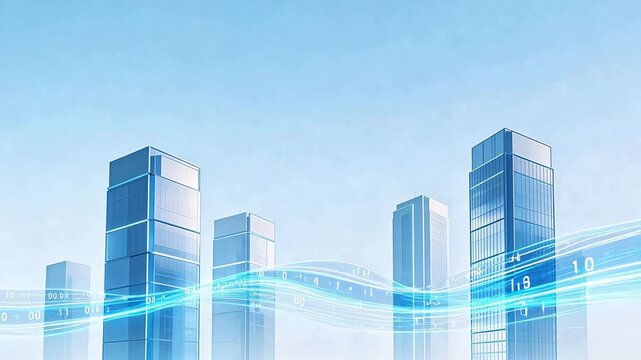 Futuristic cityscape with digital data streams