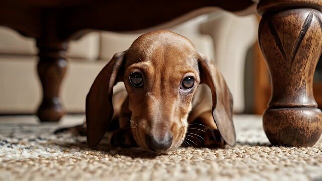 Close-Up Of A Dachshund Puppy Resting On A Textured Carpet Under A Wooden Table Featuring Adorable Features