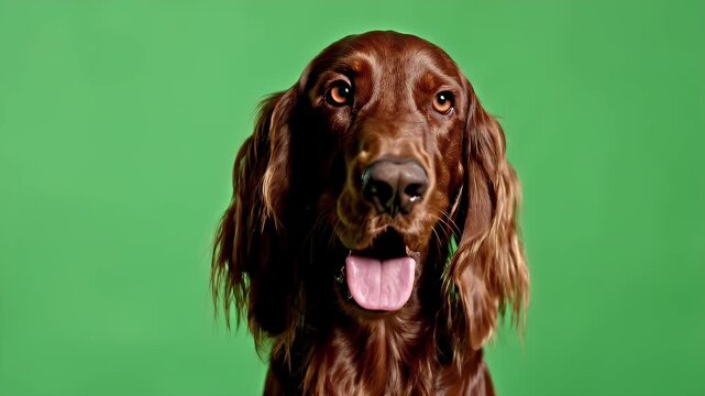 Close-Up of a Happy Adult Irish Setter with Shiny Brown Fur Against a Bright Green Background