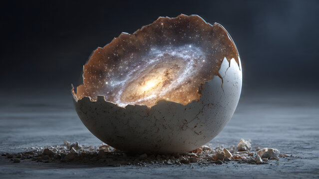 Universe Inside a Cracked Eggshell Representing the Beginning of Time and Cosmic Birth
