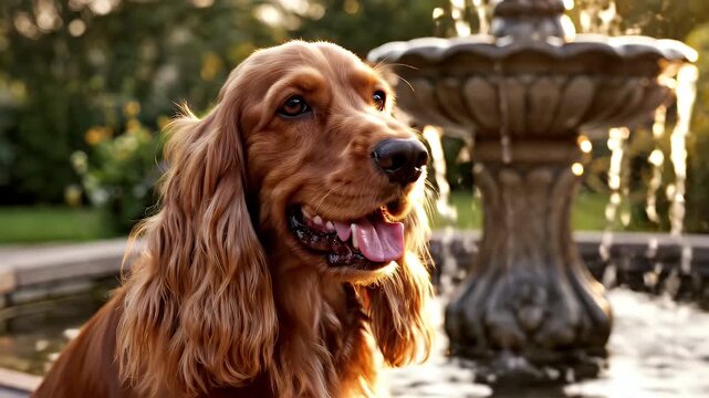 Close-up of a Happy Cocker Spaniel Next to a Decorative Fountain in a Lush Garden during Golden Hour
