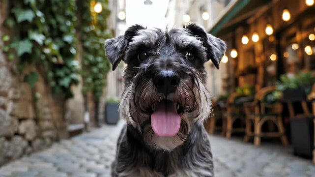 Close-Up of a Playful Miniature Schnauzer in a Charming Cobblestone Street with Soft Cafe Lights