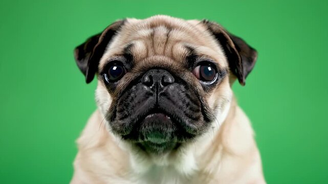 Close-Up of a Realistic Pug Puppy Face Isolated on a Vibrant Green Background
