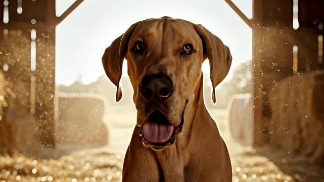 Close-Up of Adult Great Dane's Face Bathed in Warm Sunlight in Barn with Soft Background