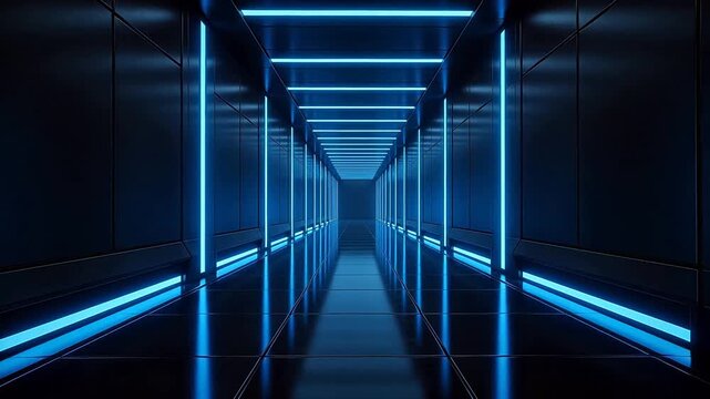 Futuristic corridor with blue neon lights