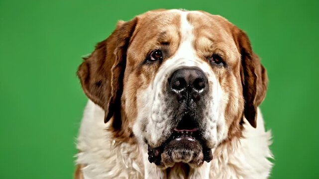 Close-up of an Adult Saint Bernard Dog with a Friendly Expression on a Solid Green Background