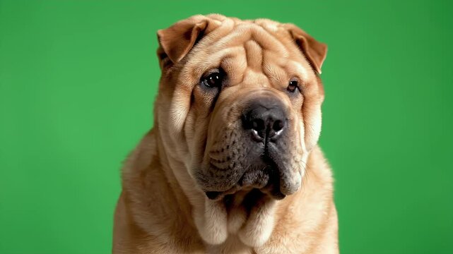 Close-Up of an Adult Shar Pei Dog with Distinctive Wrinkled Face and Expressive Eyes Against a Green Background