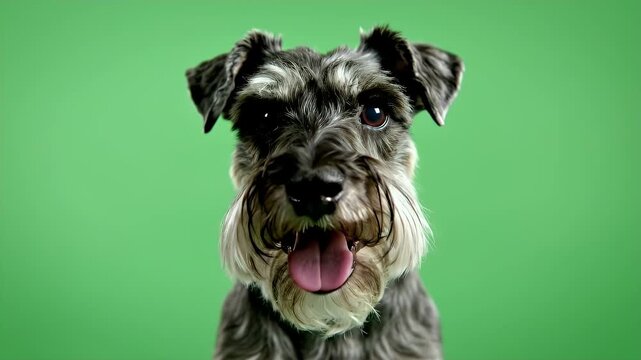 Close-Up Portrait of a Joyful Adult Miniature Schnauzer Against a Vibrant Green Background