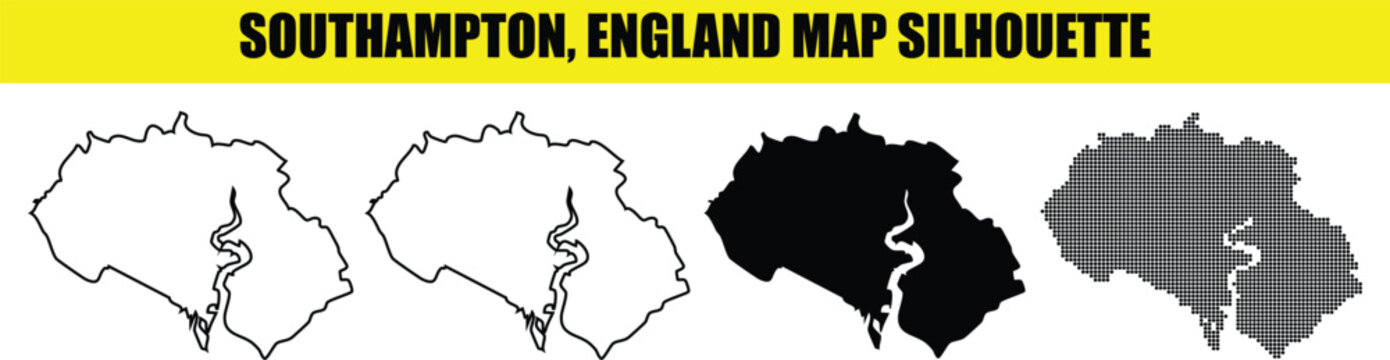 Southampton England map silhouette vector set including solid and stippled patterns for geographical visualization projects.