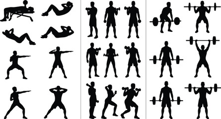 Fototapeta premium Fitness workout silhouette set with bodyweight exercises dumbbell training barbell lifts and strength training routines