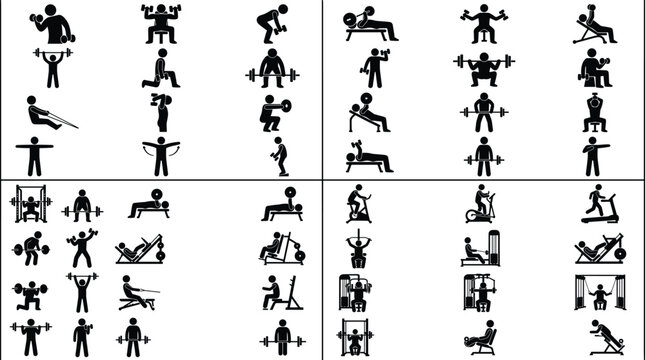 Gym Exercise Icon Set with Strength Training Cardio Workout Equipment and Fitness Silhouette Collection