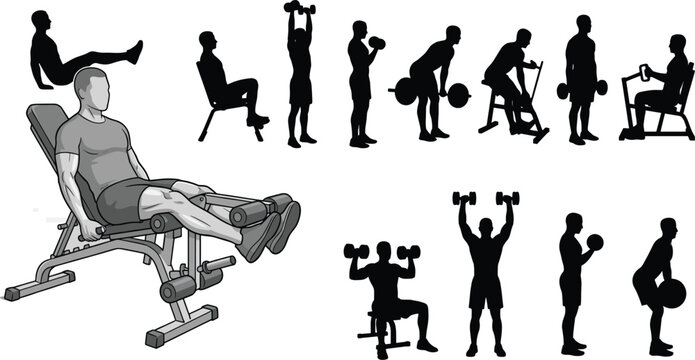Gym fitness exercise silhouette set with leg extension machine dumbbell training and strength workout collection